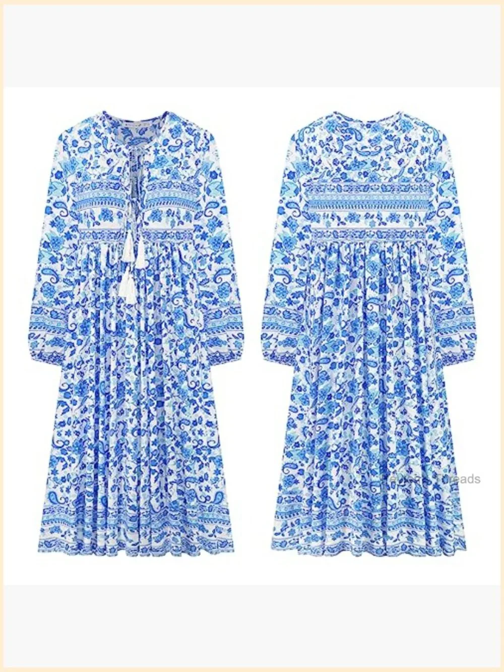 Long Sleeve Floral Print Retro V Neck Tassel Casual Bohemian Midi Dress
